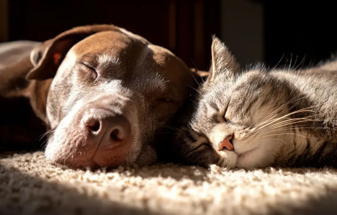 Un perro y un gato duermen juntos, acurrucados en una alfombra. Los perros quieren a sus dueños, y esta imagen muestra la paz que sienten.