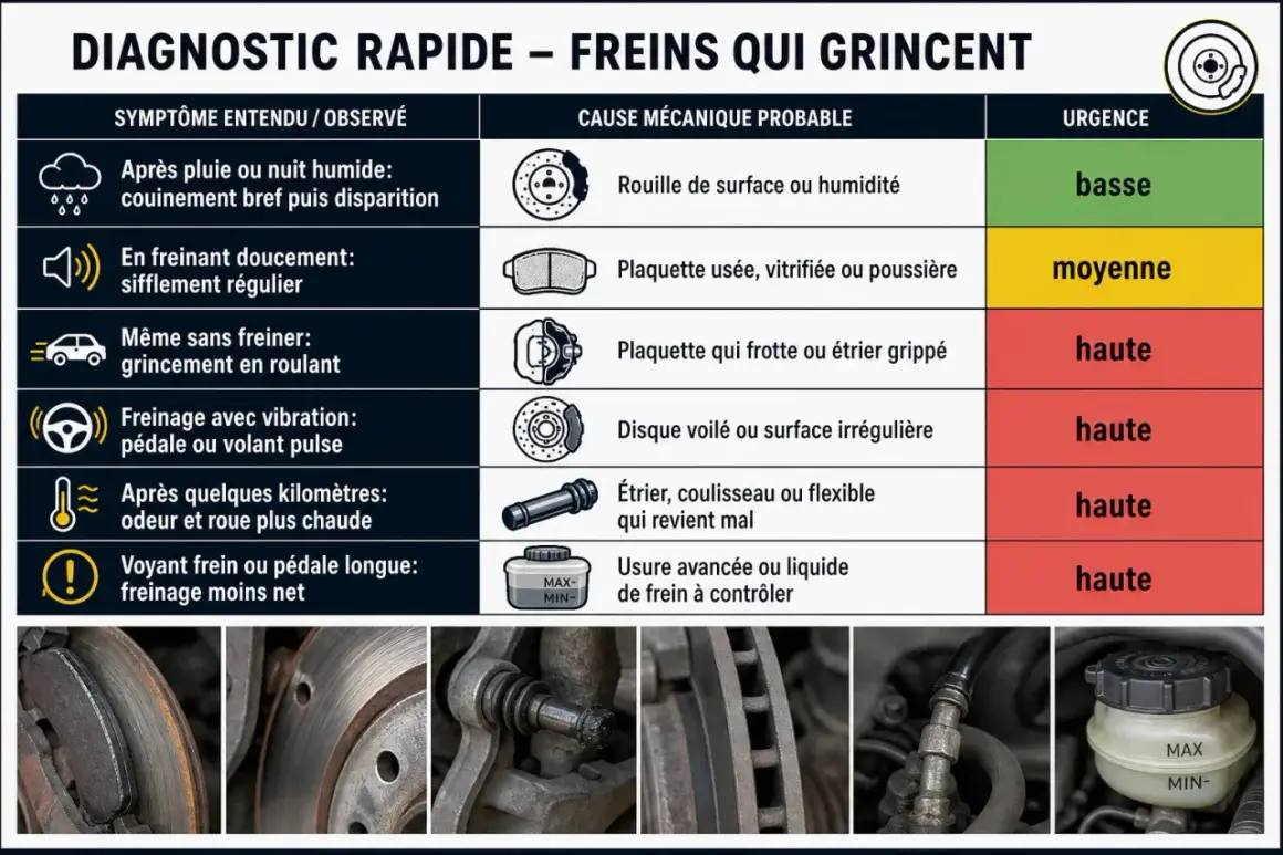 Diagnostic rapide des freins : vibration de la pédale ou du volant, usure de la plaquette, étrier grippé, disque voilé, ou liquide de frein à contrôler. La pédale de frein est essentielle.