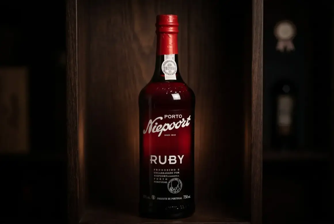 Butelka wina Porto Niepoort Ruby w drewnianej skrzynce. To jest co to jest porto – słodkie, wzmacniane wino z Portugalii.