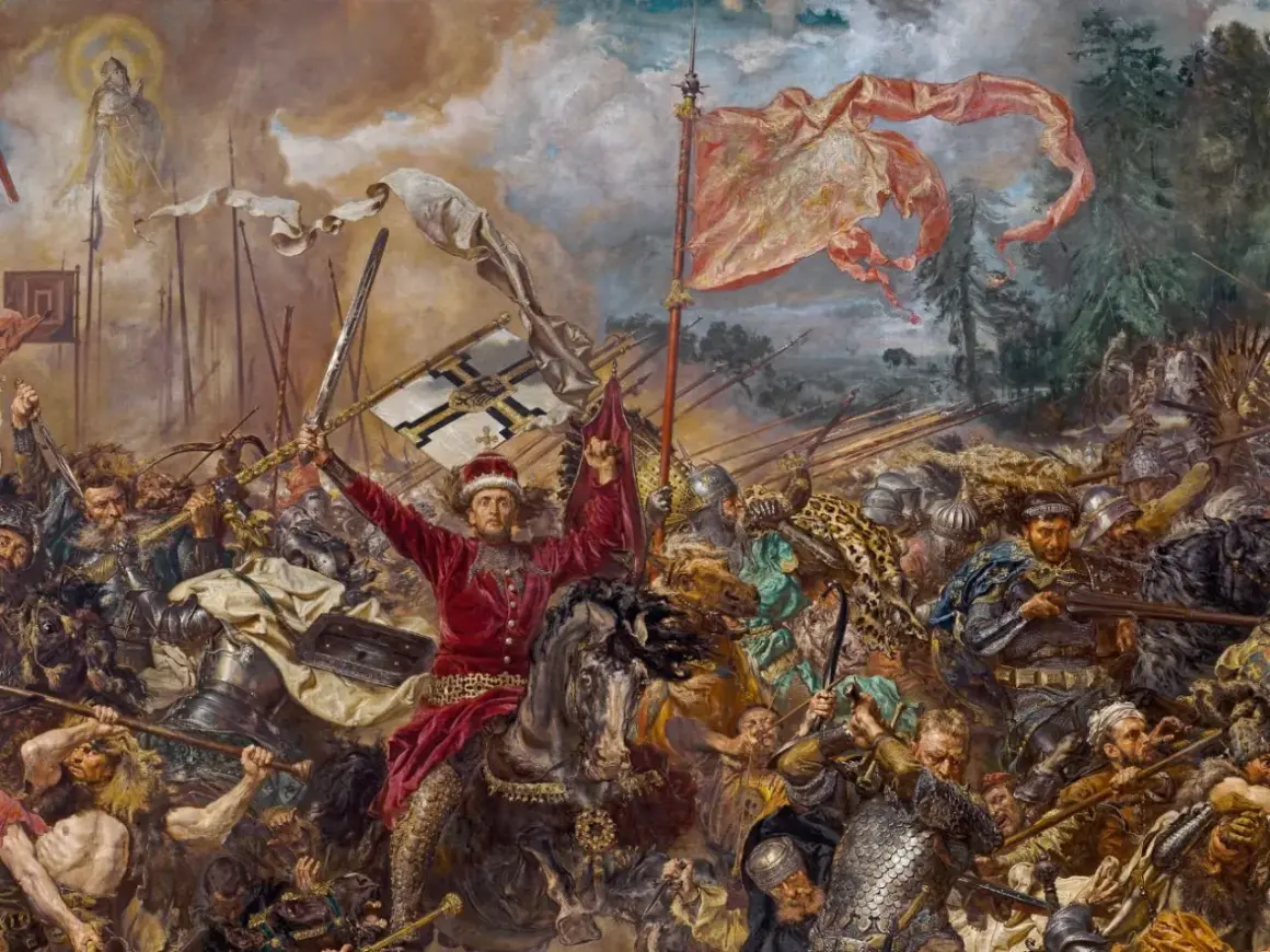 Jan Matejko ukazuje dynamiczną bitwę pod Grunwaldem. W centrum rycerz w czerwieni unosi miecz i chorągiew.