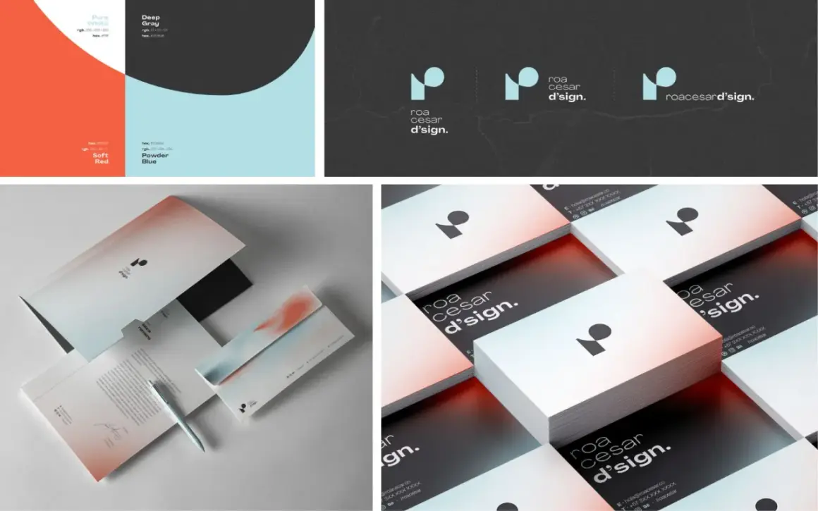 Modern branding trends showcase a minimalist logo with a gradient of soft red, blue, and white on stationery and business cards.