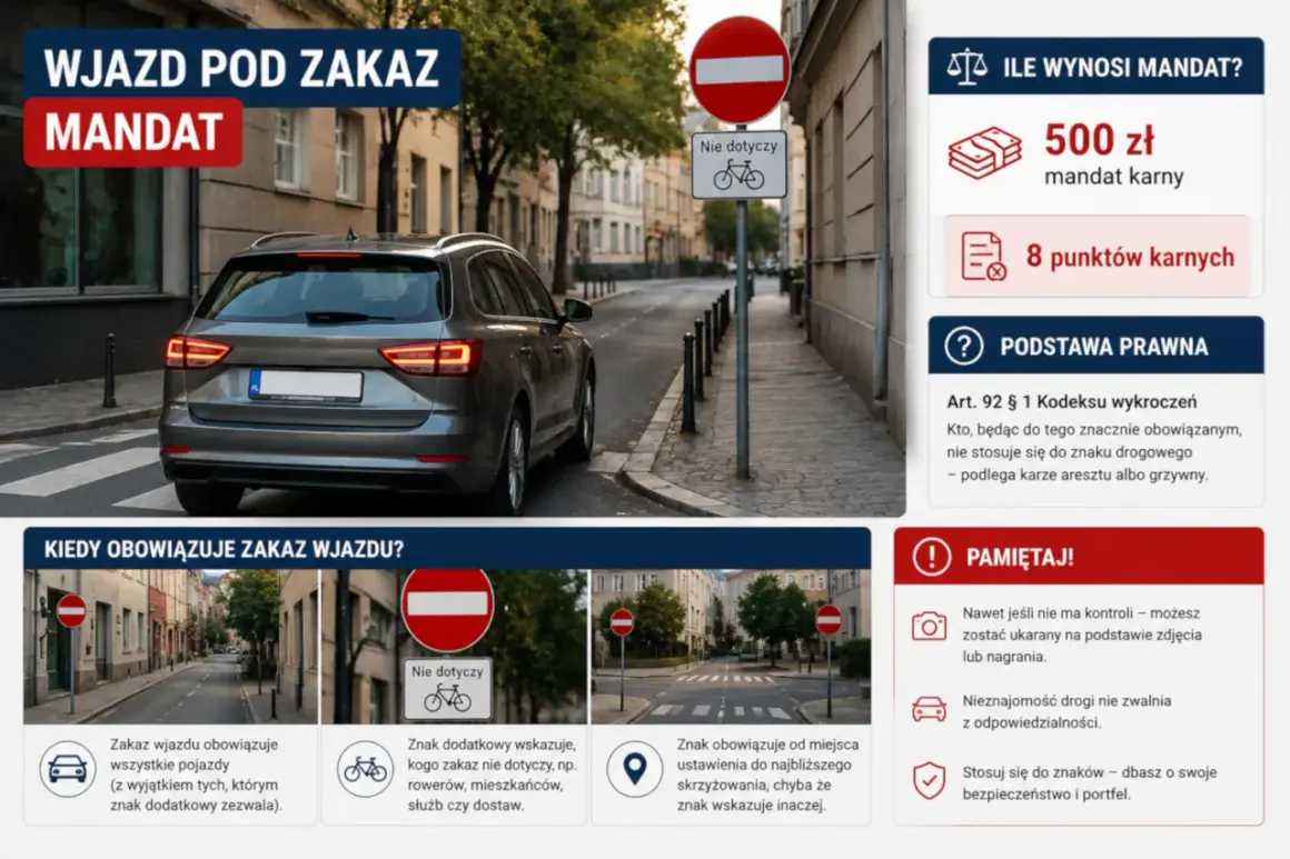 Wjazd pod zakaz, grozi mandat 500 zł i 8 punktów karnych. Znak zakazu wjazdu z tabliczką "nie dotyczy rowerów" na ulicy.