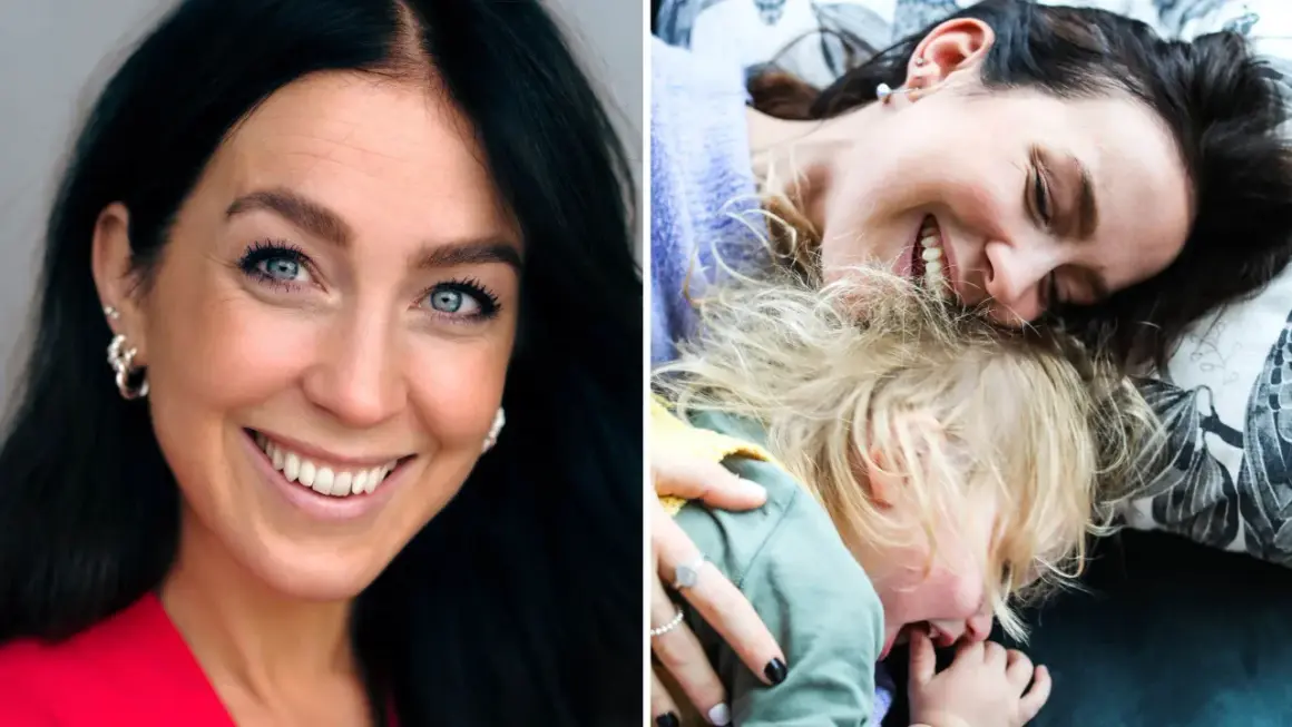 Sofia Ståhl blogg: en kvinna ler mot kameran, bredvid en bild på en mamma som myser med sitt sovande barn.