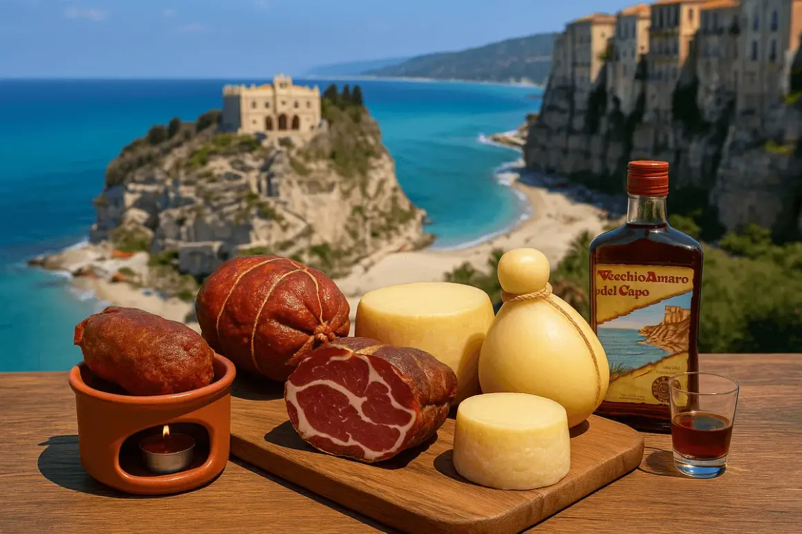 Sapori calabresi: salumi, formaggi e un burrino calabrese con vista su Tropea.