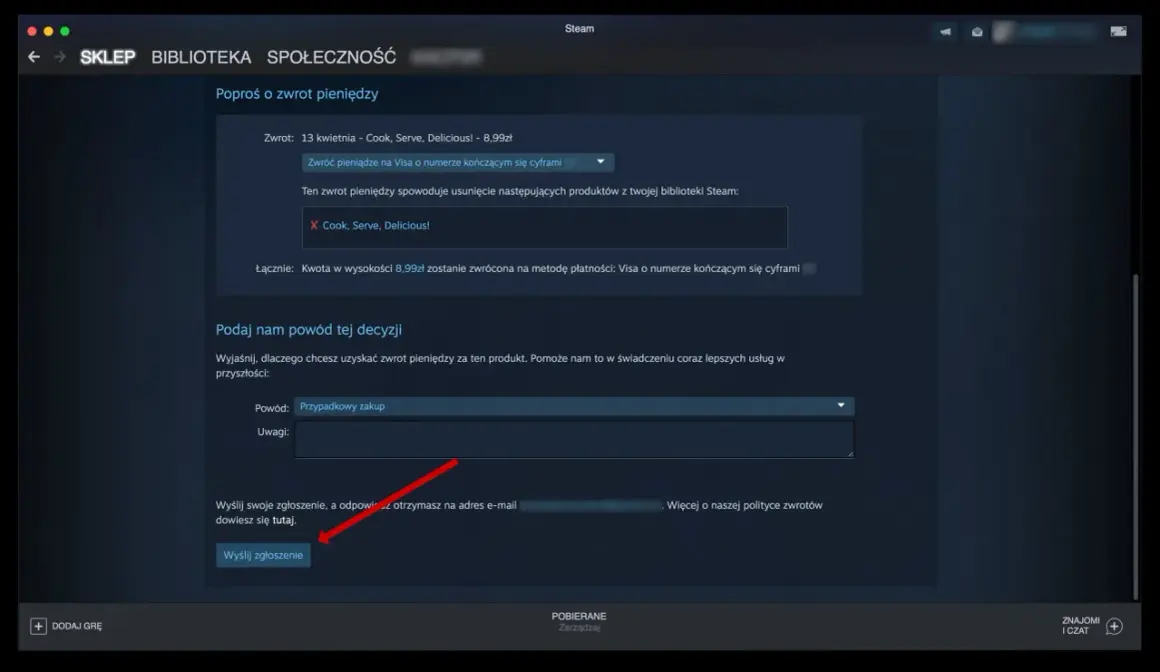 Prośba o zwrot pieniędzy za grę Cook, Serve, Delicious! na Steam. Proces podobny do tego, jak zwrócić grę na Xbox.