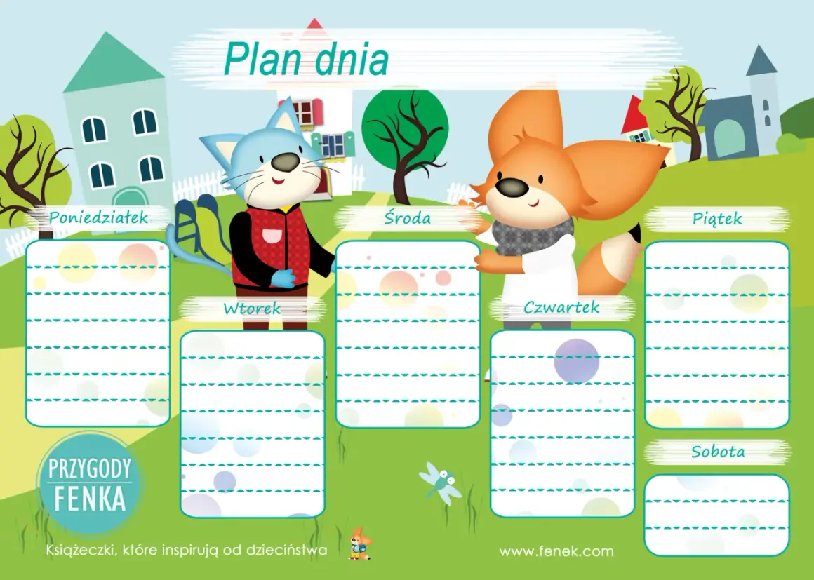Plan dnia dla dziecka z kotkiem i liskiem. Pomaga zaplanować tydzień od poniedziałku do soboty.