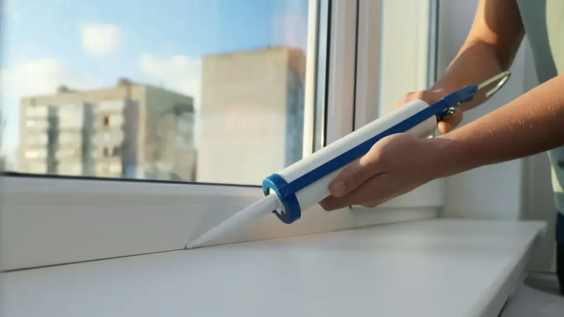 Ręce trzymają pistolet z uszczelniaczem, aplikując go na biały parapet okna.