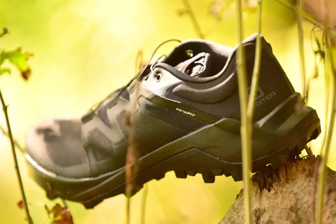 Buty Salomon Wildcross na drewnianym pniaku, otoczone zielenią. Gotowe na przygodę.