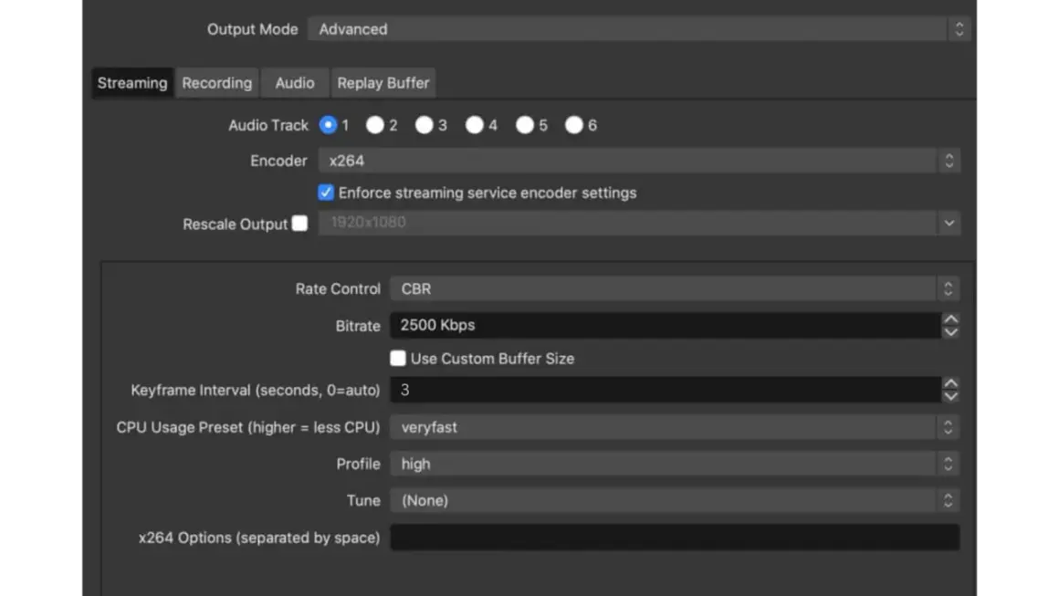 Adjusting streaming settings: x264 encoder, 2500 Kbps bitrate, and 'veryfast' CPU preset for optimal performance.
