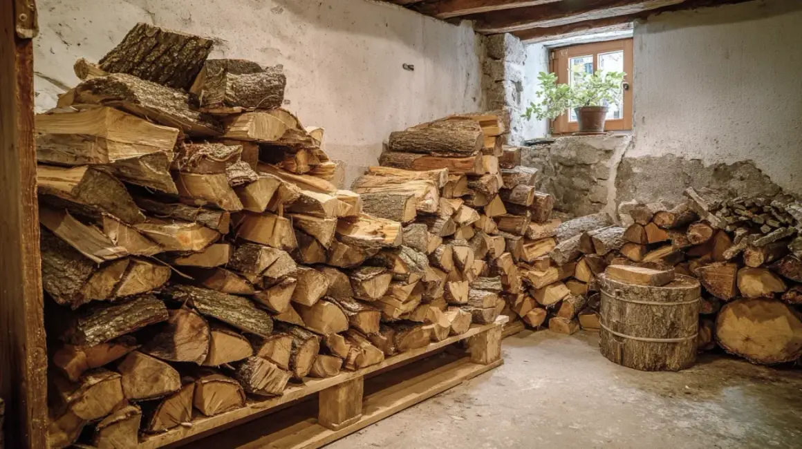 Holz im Keller trocknen: Große Stapel gespaltenes Brennholz lagern auf Paletten und am Boden. Ein Fenster lässt Licht herein.