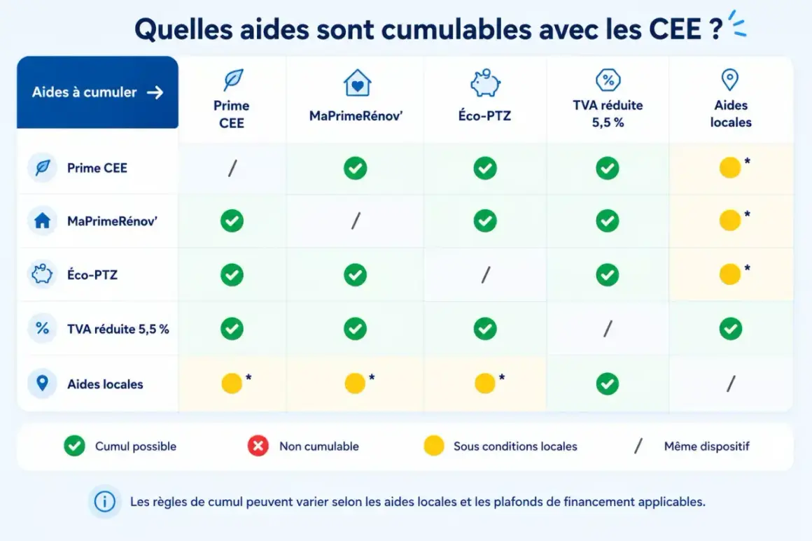 Tableau comparant la cumulabilité des aides : Prime CEE, MaPrimeRénov', Éco-PTZ, TVA réduite 5,5% et aides locales.