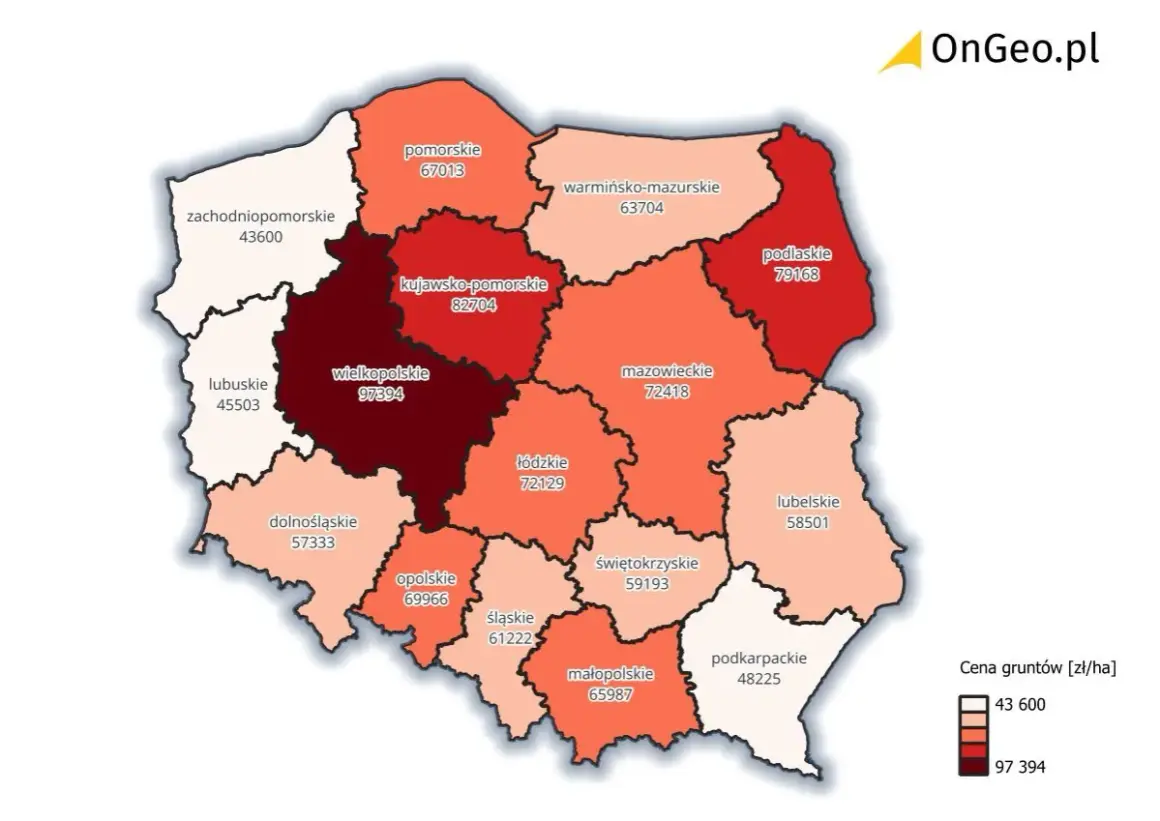 Mapa Polski z cenami gruntów. Wielkopolskie najdroższe, zachodniopomorskie najtańsze. Sprawdź, ile kosztuje hektar ziemi w Twoim regionie.