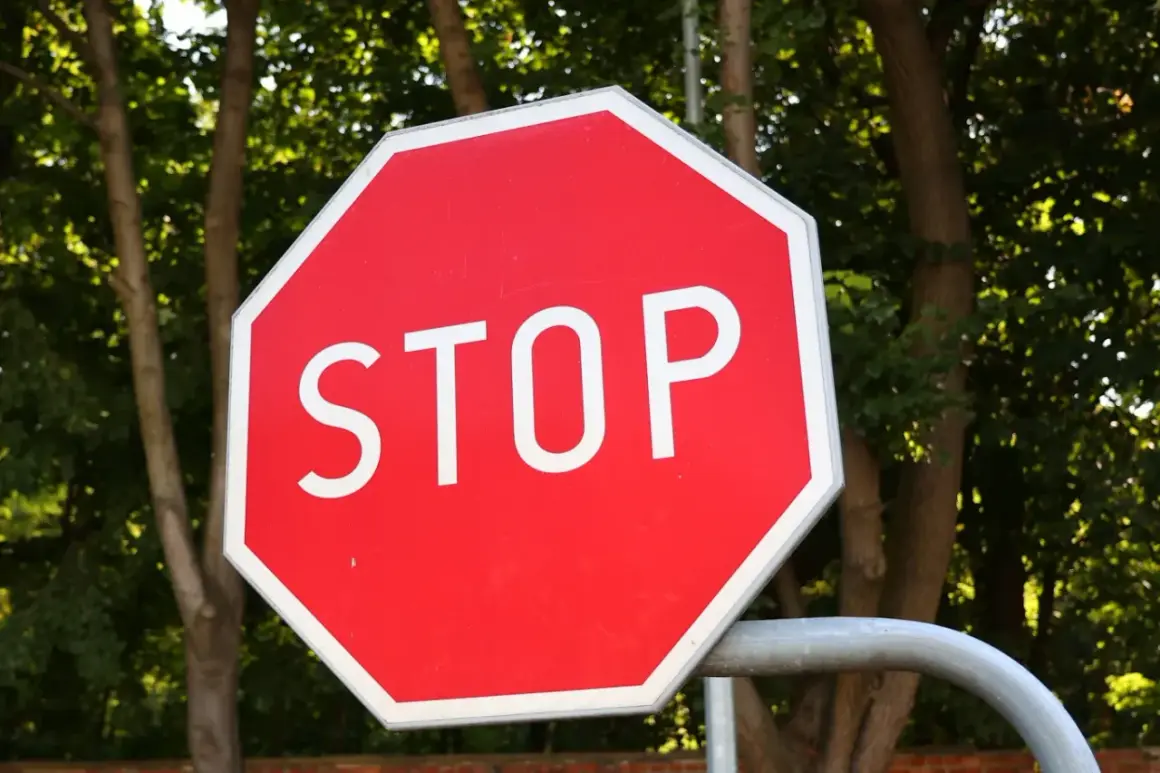 Ośmiokątny, czerwony znak stop z białym napisem "STOP" na tle zielonych drzew.
