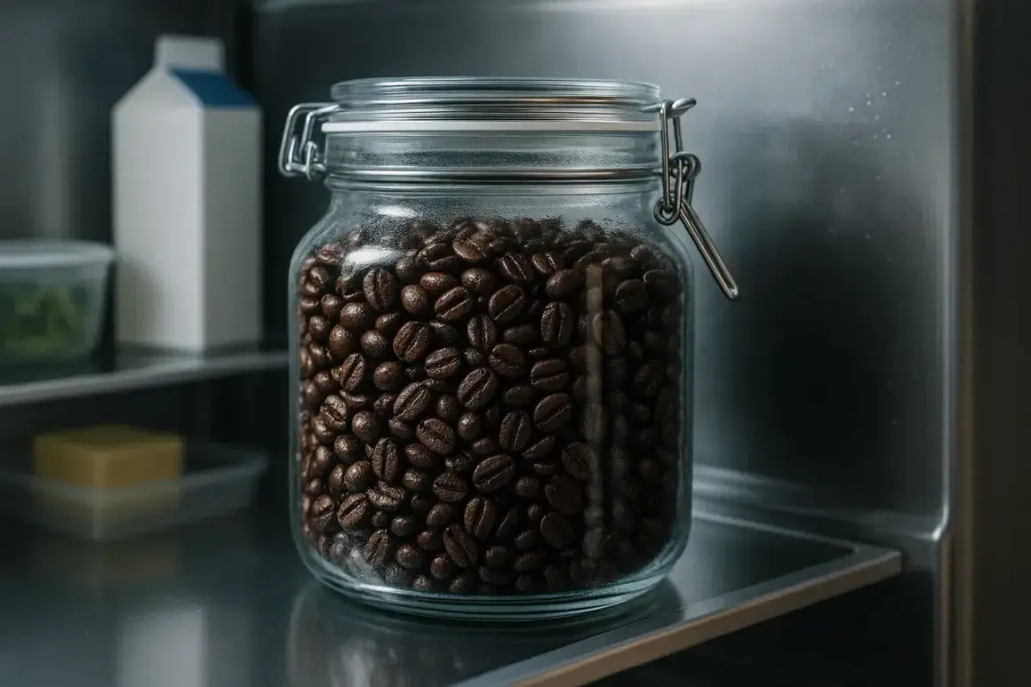 En glasburk fylld med mörka kaffebönor står på en hylla. Frågan är, kan kaffe bli gammalt?