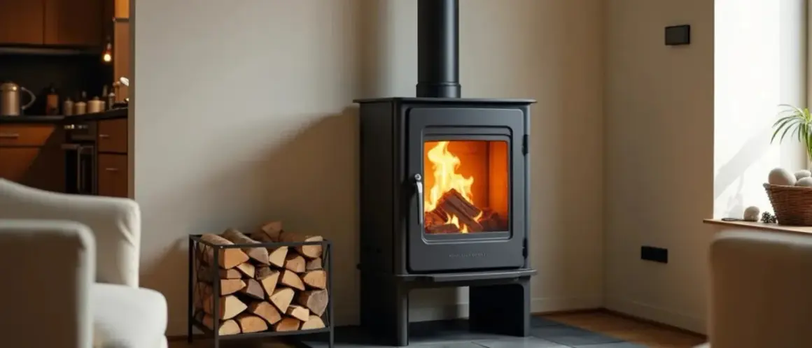 Un poêle à bois moderne avec un feu vif, entouré de bois de chauffage. Le tubage noir s'élève élégamment. Quel tubage pour poele a bois choisir pour un tel décor ?