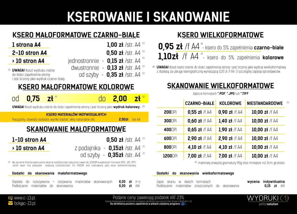 Cennik usług kserowania i skanowania. Ile kosztuje wydrukowanie plakatu? Ceny od 0,15 zł za stronę.