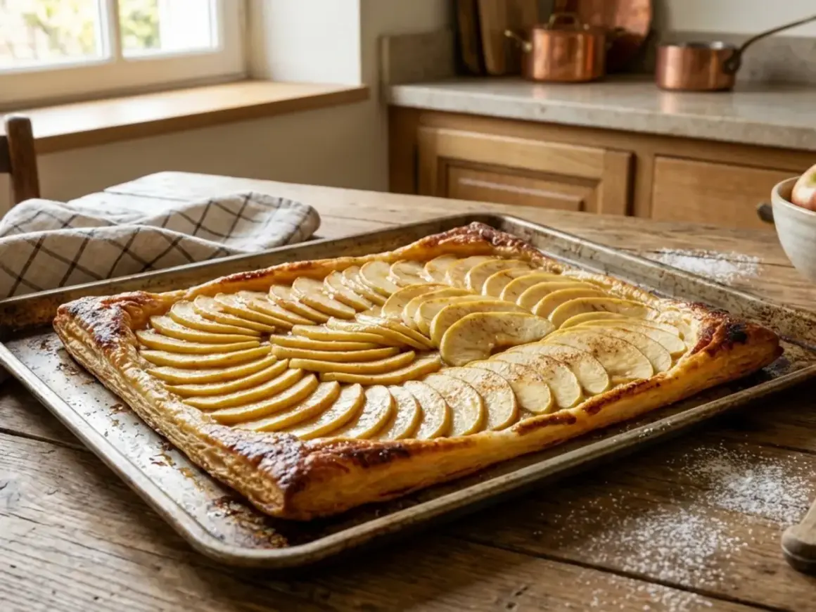 Une tarte aux pommes simple, aux fines tranches de pommes dorées sur une pâte feuilletée croustillante, prête à être dégustée.