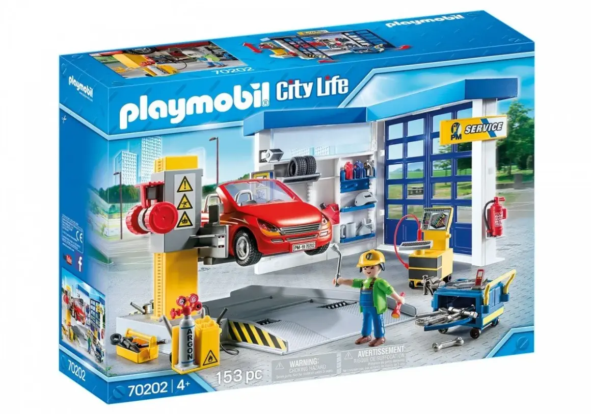 Zestaw Playmobil warsztat samochodowy z czerwonym autem na podnośniku, mechanikiem i narzędziami.