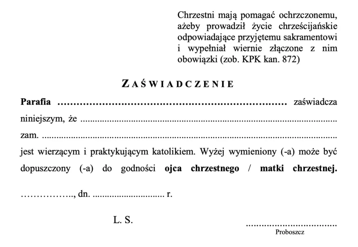 Zaświadczenie do chrztu. Dokument potwierdza, że osoba jest wierzącym katolikiem i może być ojcem chrzestnym lub matką chrzestną.