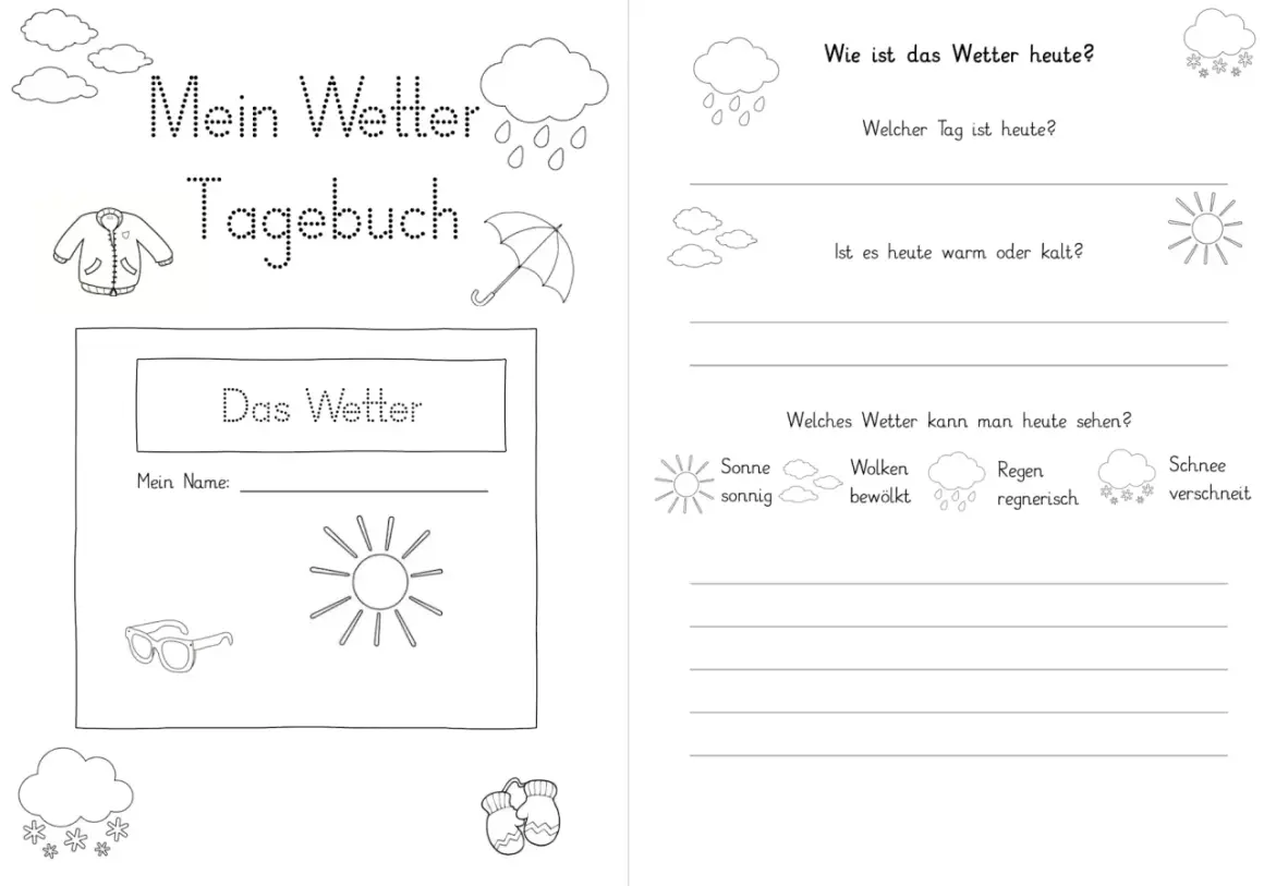 Eine Vorlage für ein Klassentier Tagebuch, um das Wetter festzuhalten. Mit Feldern für Name, Tag, Temperatur und Wetterbedingungen wie Sonne, Wolken, Regen und Schnee.