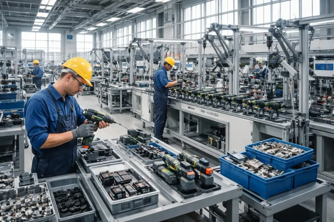Ouvriers en casque jaune travaillant sur une chaîne de montage, outils à la main, dans une usine de fabrication Bosch.
