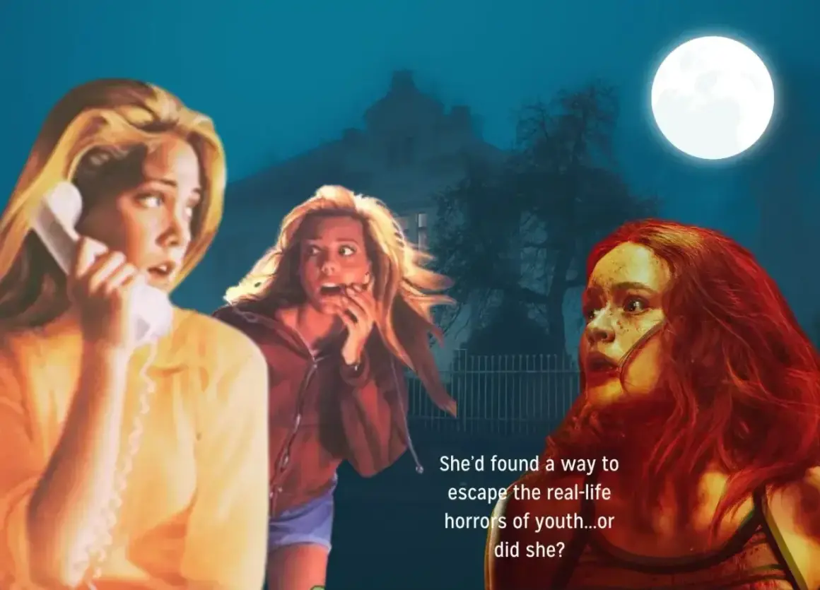 Trzy przerażone nastolatki w nocnej scenerii z nawiedzonym domem w tle. Idealny horror dla nastolatków.