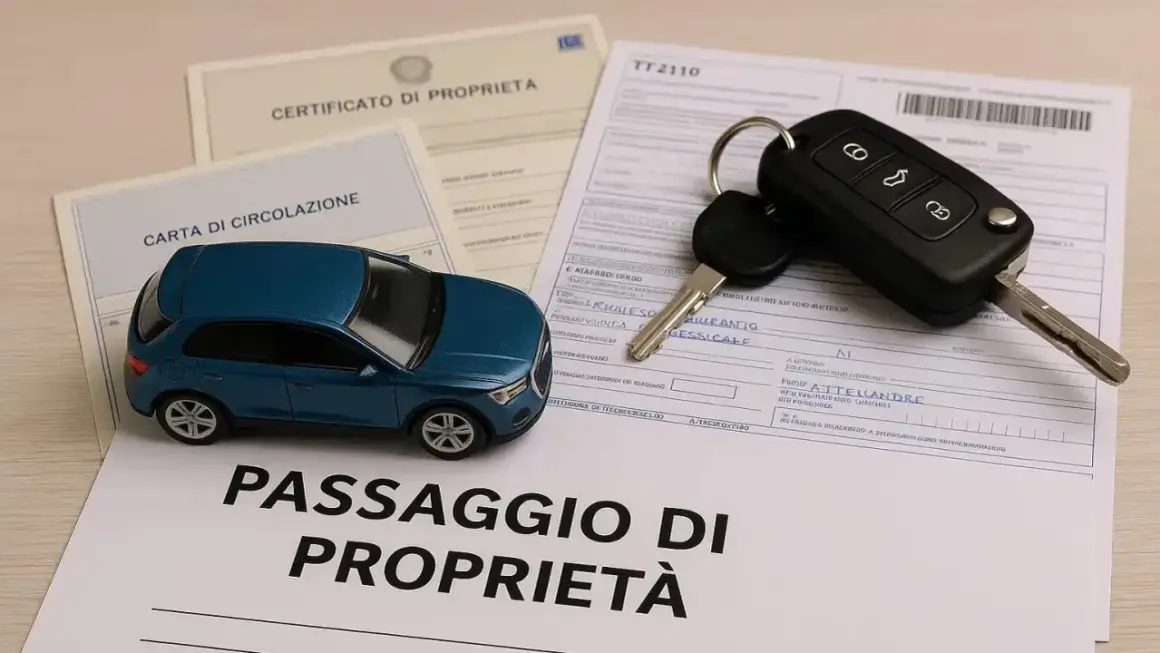 Modello auto blu, chiavi e documenti: certificato di proprietà, carta di circolazione e passaggio di proprietà. La dichiarazione di potenza del motore è un dettaglio importante.