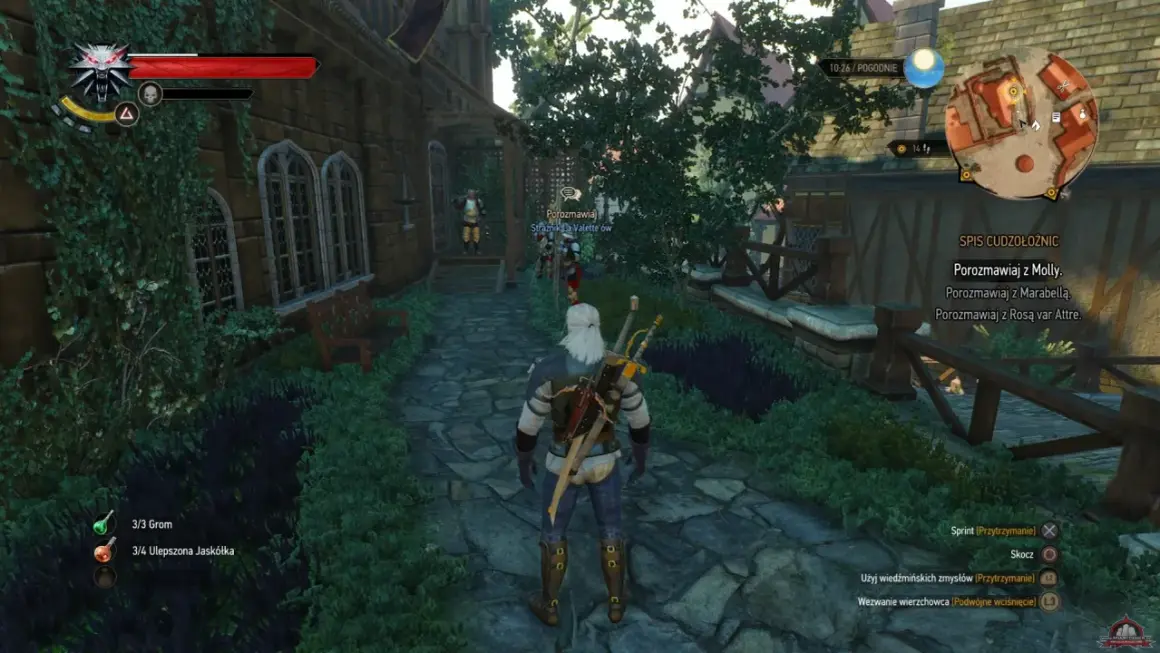 Geralt wyrusza na lekcję szermierki wiedzmin, mijając strażników i zielone zarośla.