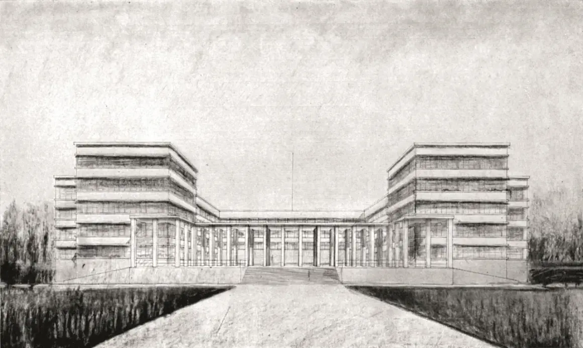 Architektoniczny szkic Adolfa Szyszko-Bohusza przedstawia nowoczesny budynek z symetrycznymi skrzydłami i przeszklonym łącznikiem.