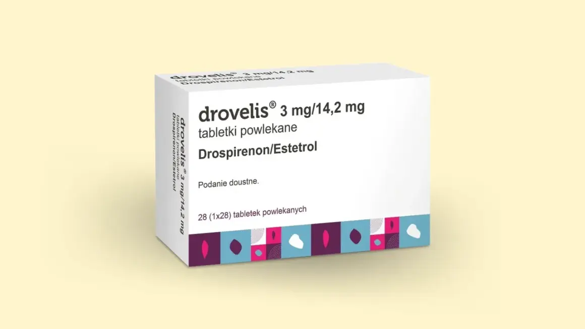 Opakowanie leku drovelis 3 mg/14,2 mg, zawierające 28 tabletek powlekanych z drospirenonem/estetrolem.