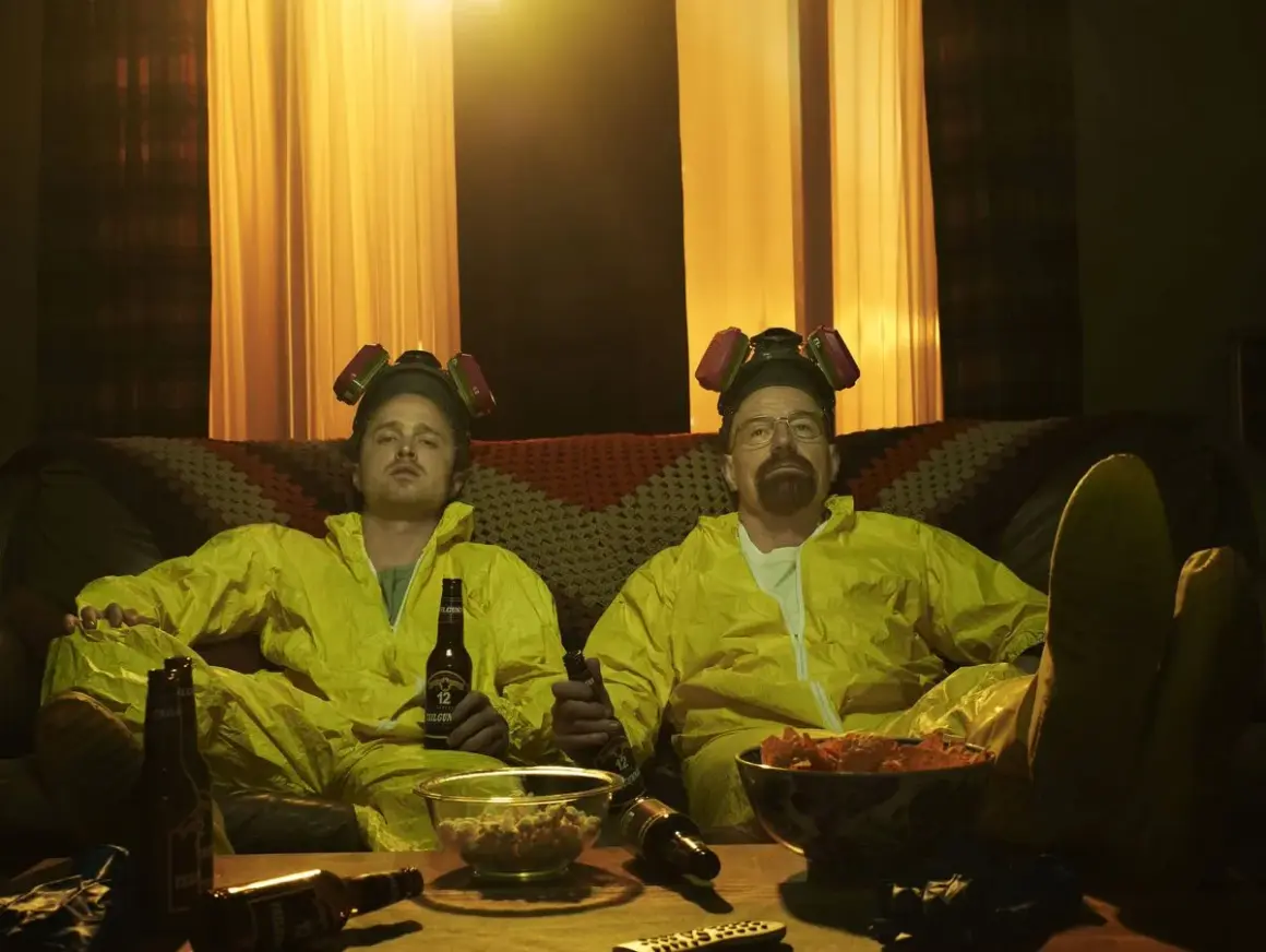 Die Besetzung von Breaking Bad, Walter und Jesse, entspannt in ihren Schutzanzügen mit Bier und Snacks auf dem Sofa.