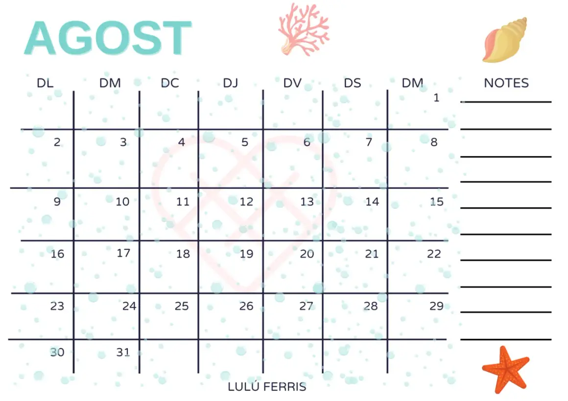 Calendario de agosto con diseño de burbujas y temática marina. Incluye espacio para notas.