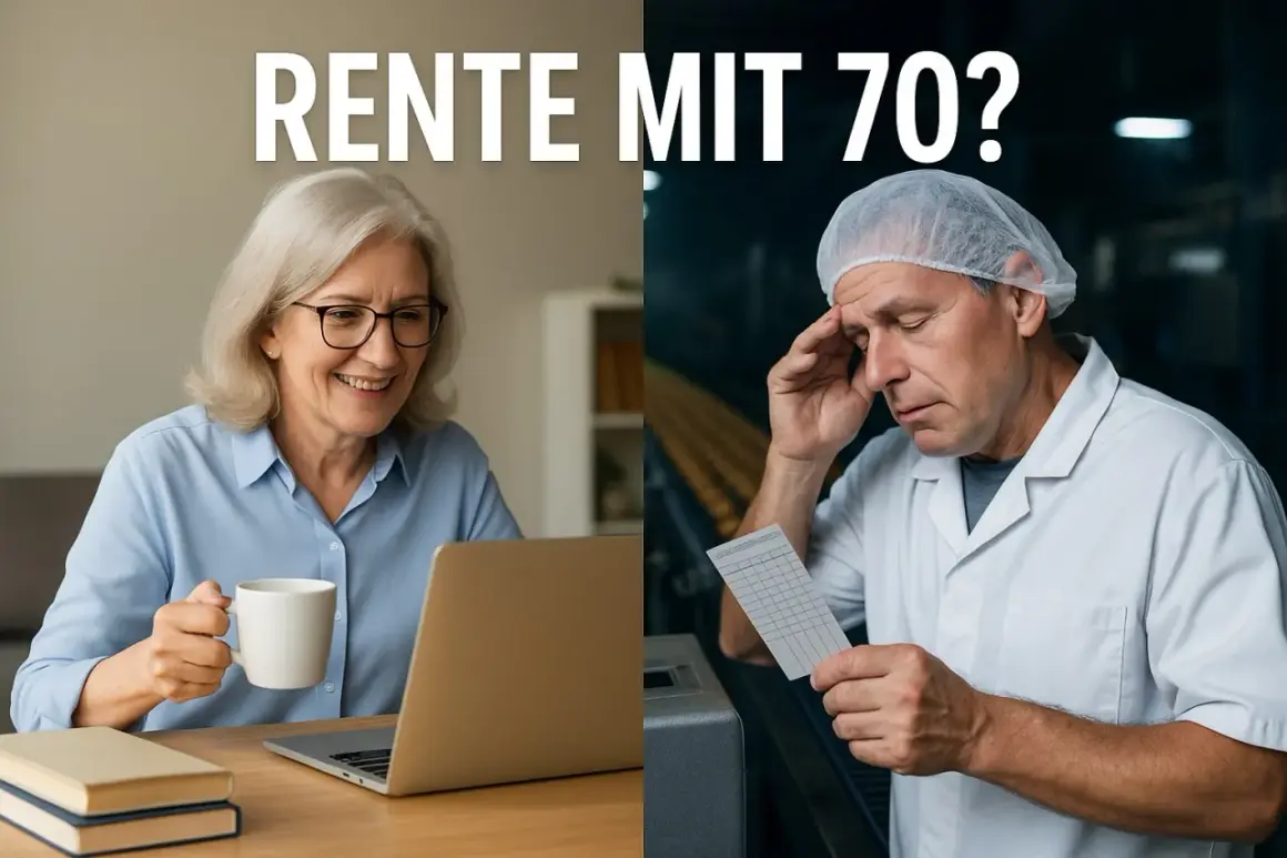 Zwei Szenen: Eine lächelnde Frau am Laptop, die über Rente mit 70 nachdenkt. Daneben ein gestresster Mann in Arbeitskleidung, der die Zukunft mit Sorge betrachtet.