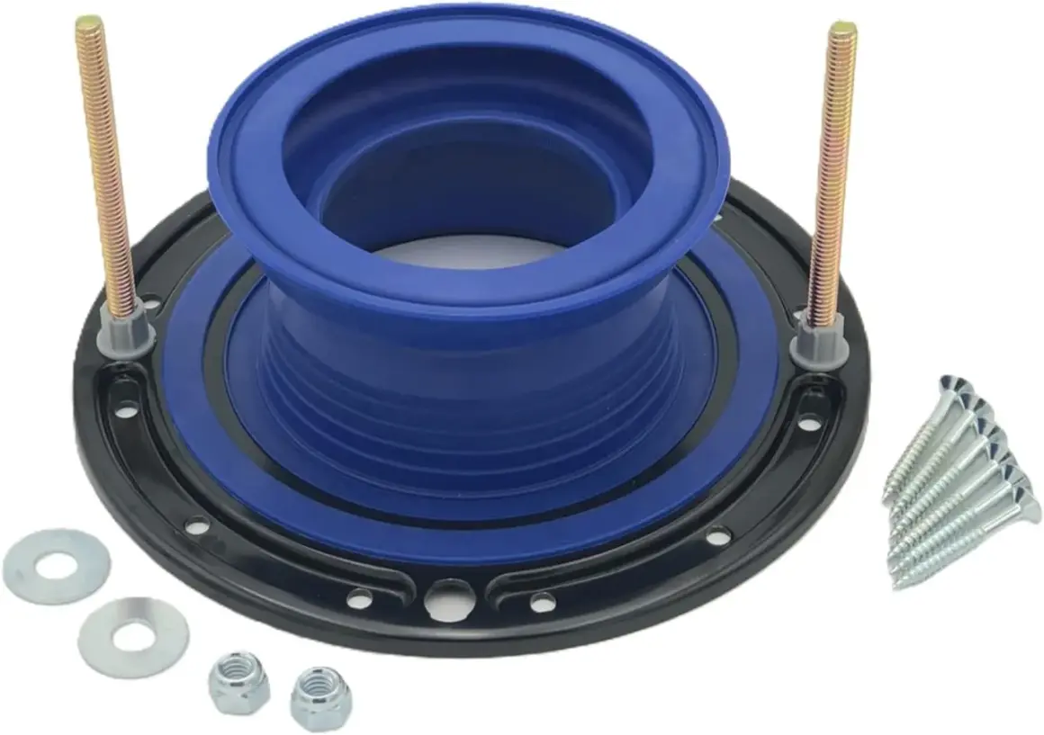 A toilet flange kit with a blue rubber seal, mounting bolts, screws, and nuts, essential for learning how to replace a toilet flange.