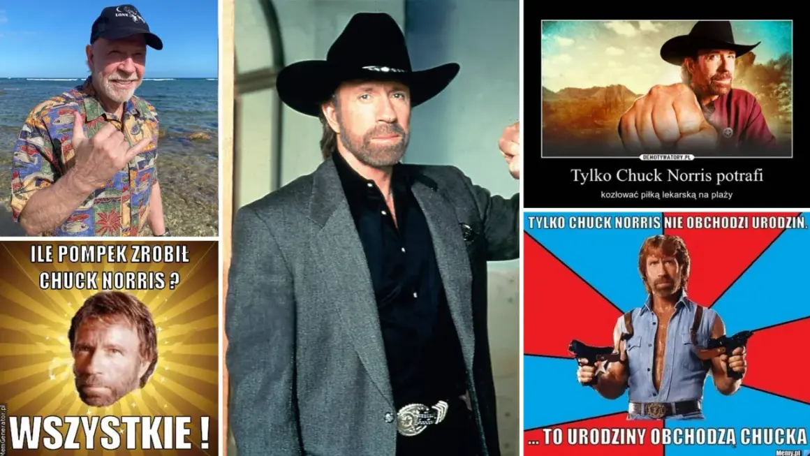 Chuck Norris, strażnik Teksasu, w różnych memach. Na jednym robi pompki, na innym kozłuje piłkę lekarską.