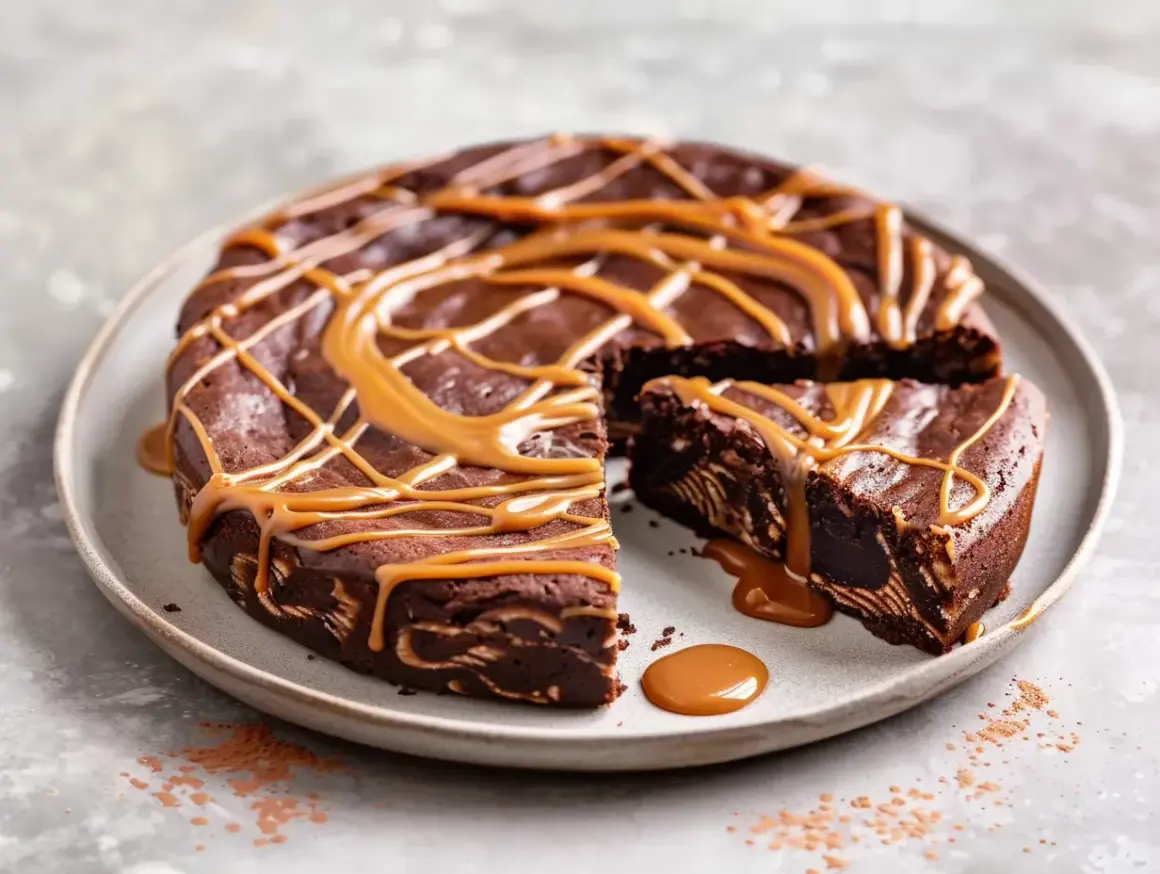 En saftig kladdkaka med ett härligt mönster, toppad med en generös glasyr av dulce de leche.