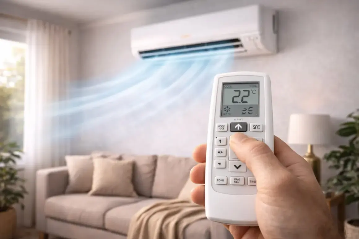 Main tenant ajuste le réglage température clim Daikin avec la télécommande pour un confort optimal dans le salon.