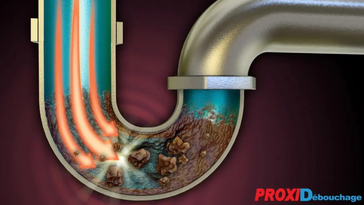 La soude pour déboucher dissout les bouchons dans un siphon de canalisation. Des flèches rouges indiquent le flux du produit.