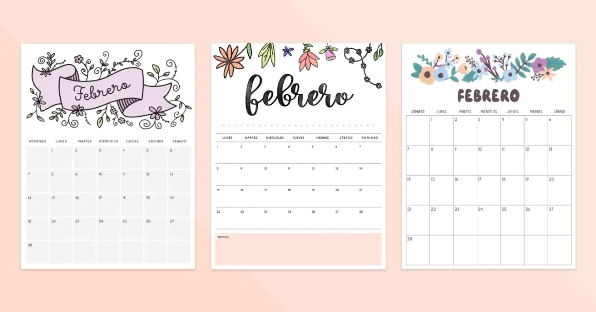 Tres diseños de calendarios para el **calendari febrer**, con decoraciones florales y el nombre del mes en grande.