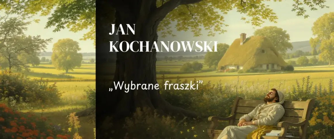 Jan Kochanowski, mistrz fraszek, odpoczywa na ławce w sielskim krajobrazie.