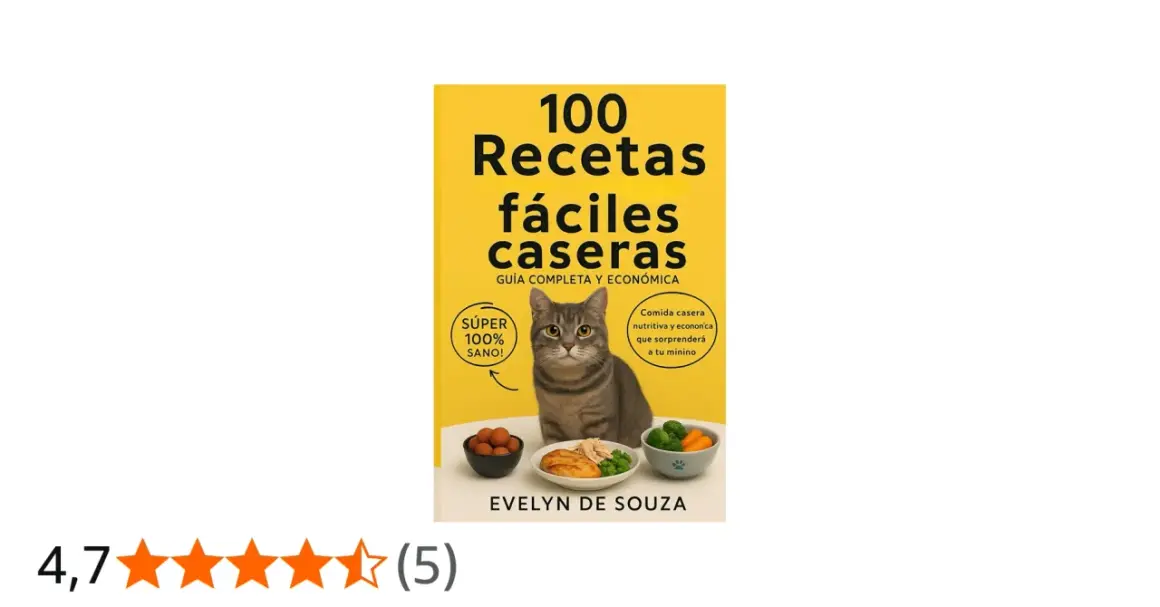 Libro "100 Recetas fáciles caseras" con un gato mirando platos de comida casera para gatos. ¡Recetas saludables y económicas!