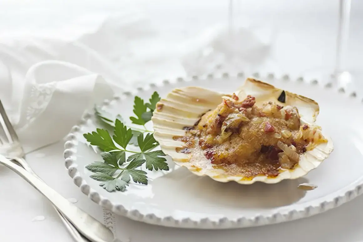 Vieiras a la gallega, gratinadas y servidas en su concha, adornadas con perejil fresco sobre un plato blanco.