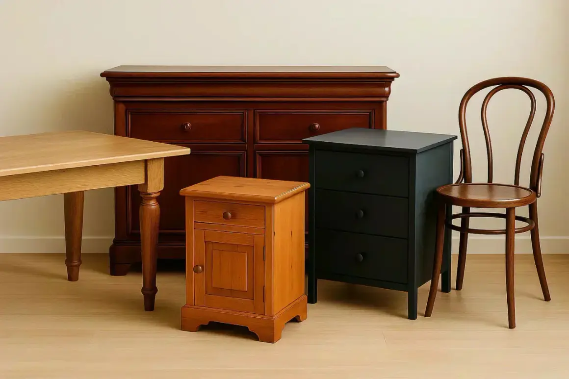 Un petit chevet en bois, prêt à être relooké, côtoie une commode sombre et une chaise courbée.