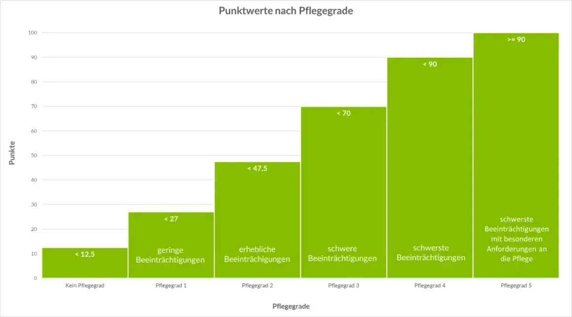 Balkendiagramm zeigt Punktwerte nach Pflegegraden gemäß 15 SGB XI. Von keinem Pflegegrad bis Pflegegrad 5 steigen die Punkte.