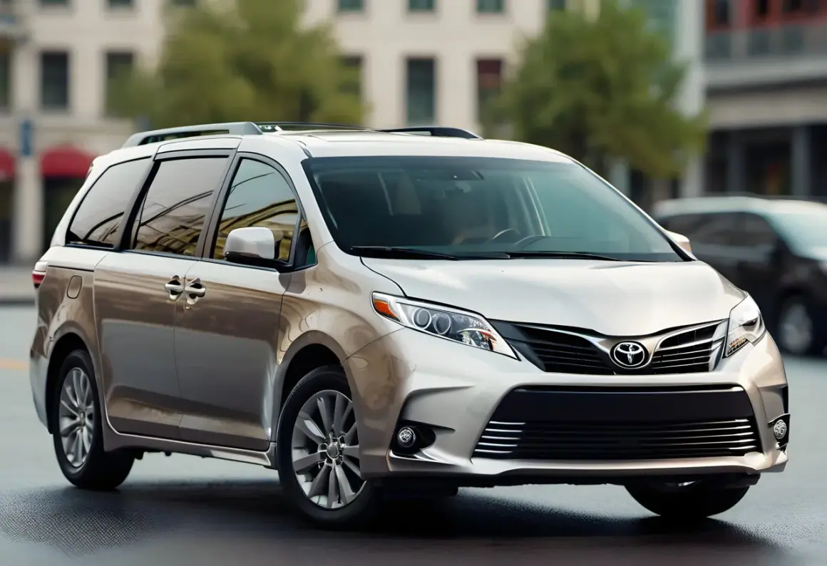 Srebrny minivan Toyota Sienna stoi na ulicy. To idealny samochód rodzinny, który pomieści wszystkich.