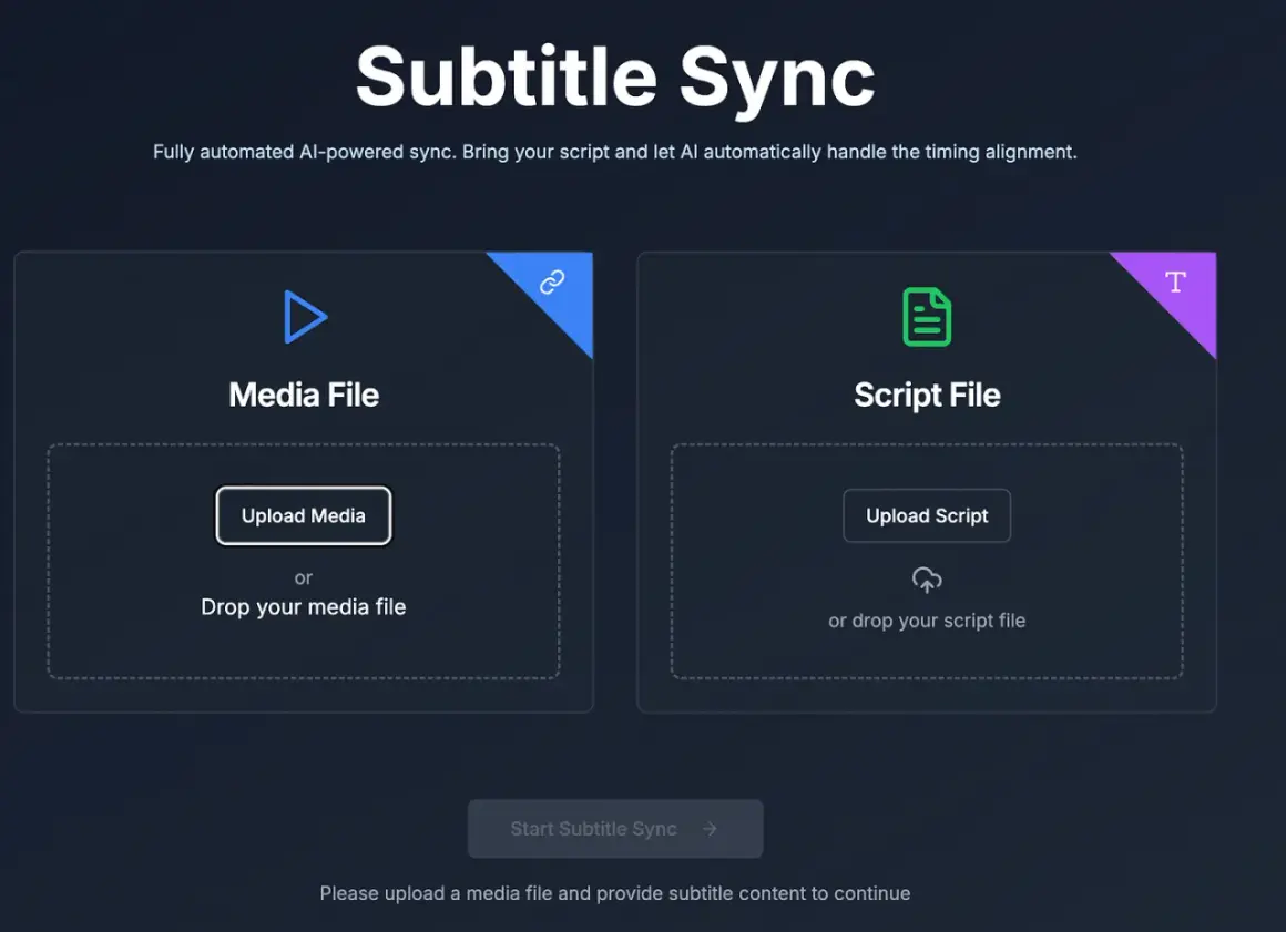 AI-powered Subtitle Sync interface. Upload media and script files to fix subtitles out of sync.