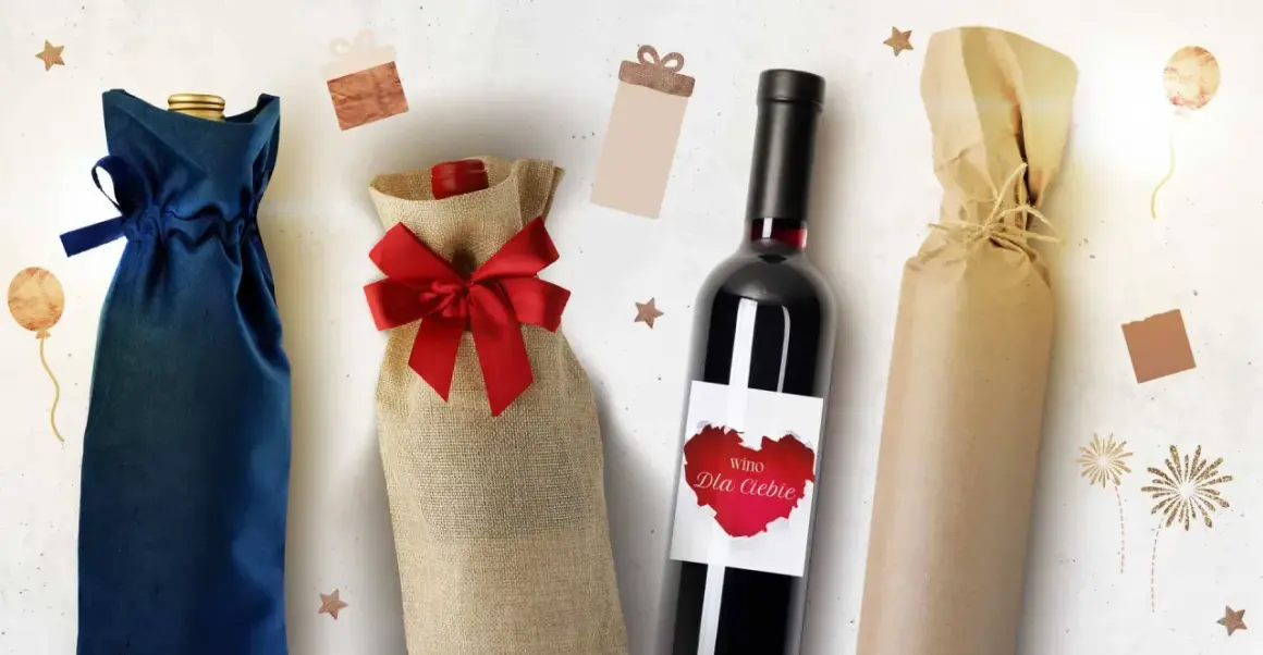 Eleganckie opakowania na wino: granatowy woreczek, jutowy z kokardą i papierowy. Idealne na prezent, jak wino flora.