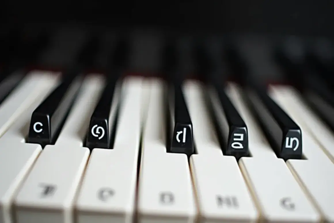 Zbliżenie na klawisze pianina z literami C, G, D, A, E. Widzimy, jak podpisać klawisze na pianinie, by łatwiej zacząć naukę.