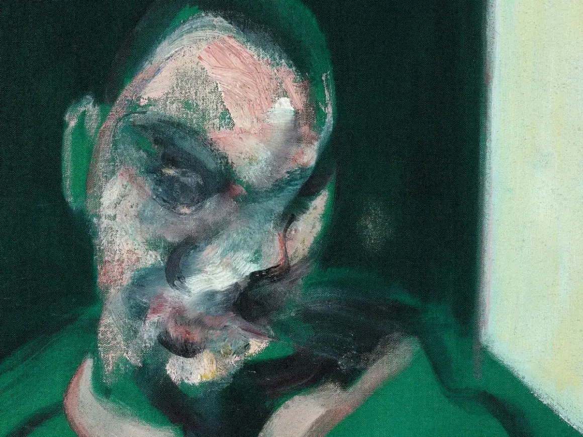 A haunting portrait in the style of artists like Francis Bacon, with blurred features and intense brushstrokes on a dark green background.
