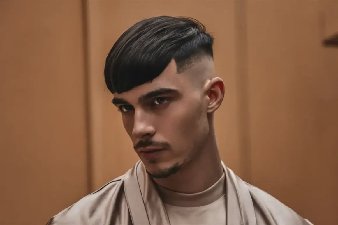 Un jeune homme au regard intense arbore une coupe de cheveux audacieuse : un dégradé haut homme avec une frange asymétrique.